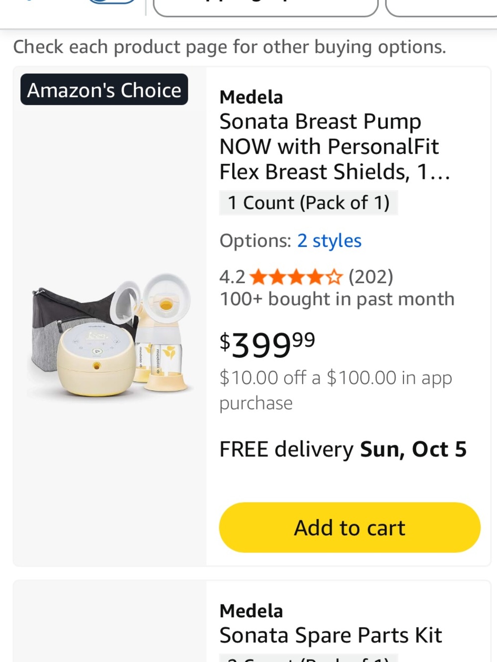 Medela Electric Breast Pump in Cream and Yellow with Carrying Pouch